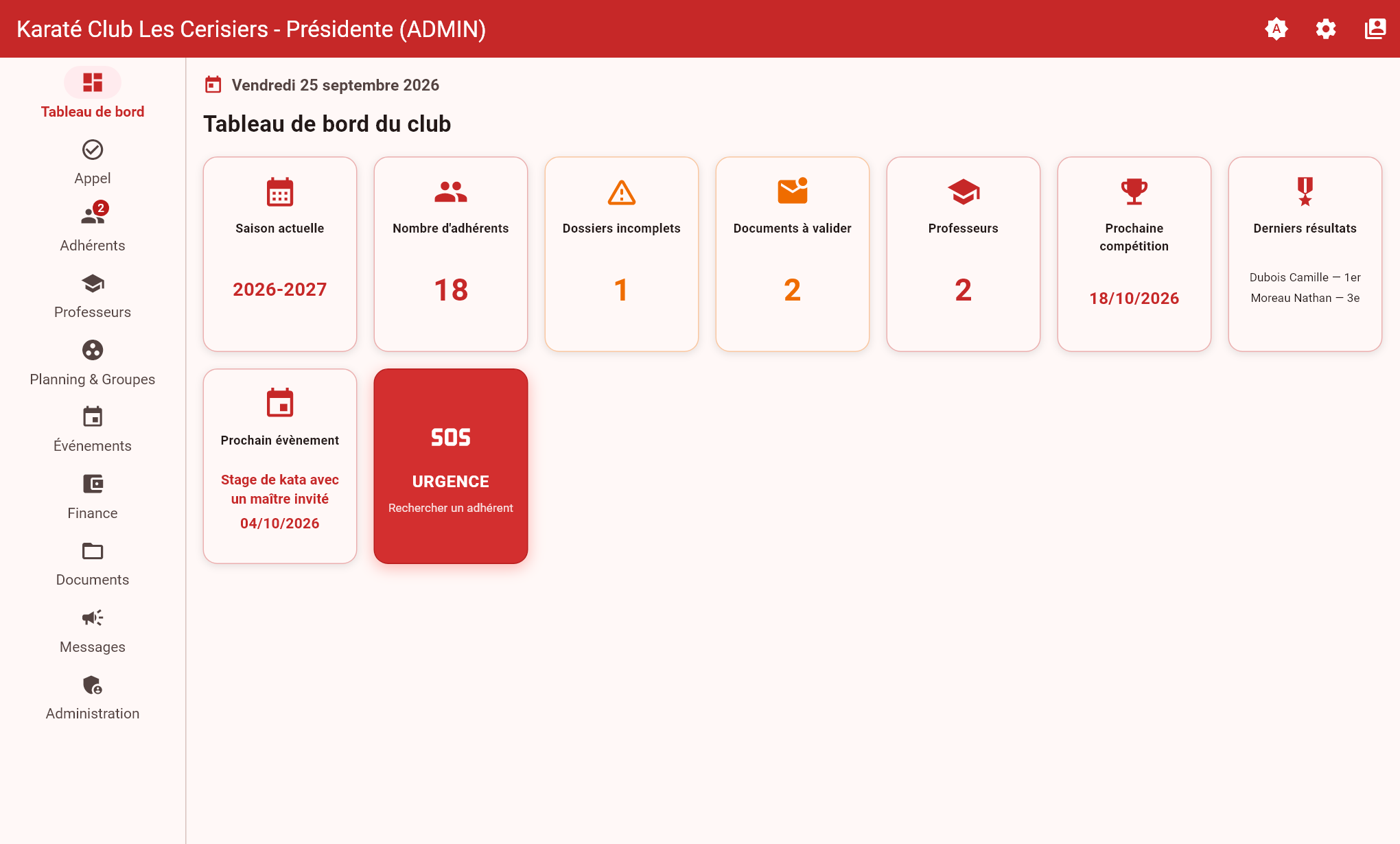 Tableau de bord de Yui : nombre d'adhérents, dossiers incomplets, documents à valider, prochaine compétition et prochain événement du club.